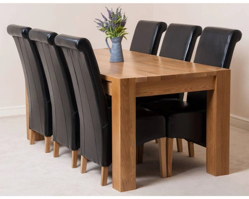 Image of Thats Furniture Kuba 180 x 90cm Chunky Oak Dining Table & 6 Montana Leather Chairs in Black Unisex 180 x 90 cm