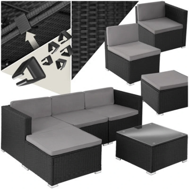 Image of Tectake Garden Furniture Set Lignano - Modular Sofa Set For 3 To 4 People, Coffee Table - Black