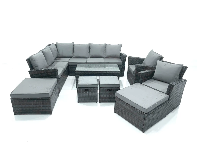 Image of Fimous 12 Seat Rattan Garden Furniture Corner Sofa Set Outdoor Patio Sofa Chair Table Set in Dark Grey Dark Grey Unisex