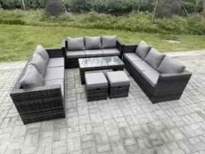 Image of Fimous 9 Seater Outdoor Dark Grey Rattan Garden Furniture Lounge Sofa Set with Oblong Rectangular Coffee Table and 2 Stools