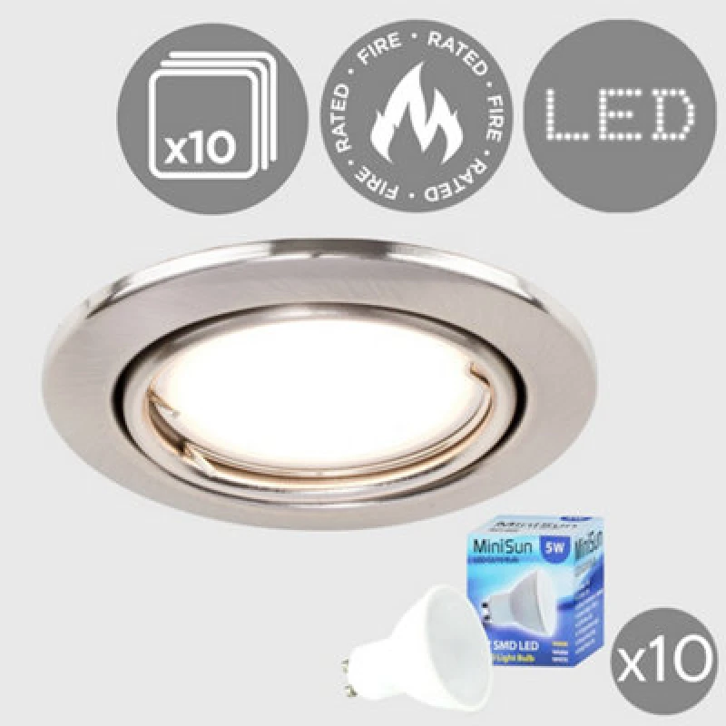 Image of ValueLights Downlight Tiltable Fire Rated Ceiling Light Fitting 10 Pack With Warm White Bulbs Silver