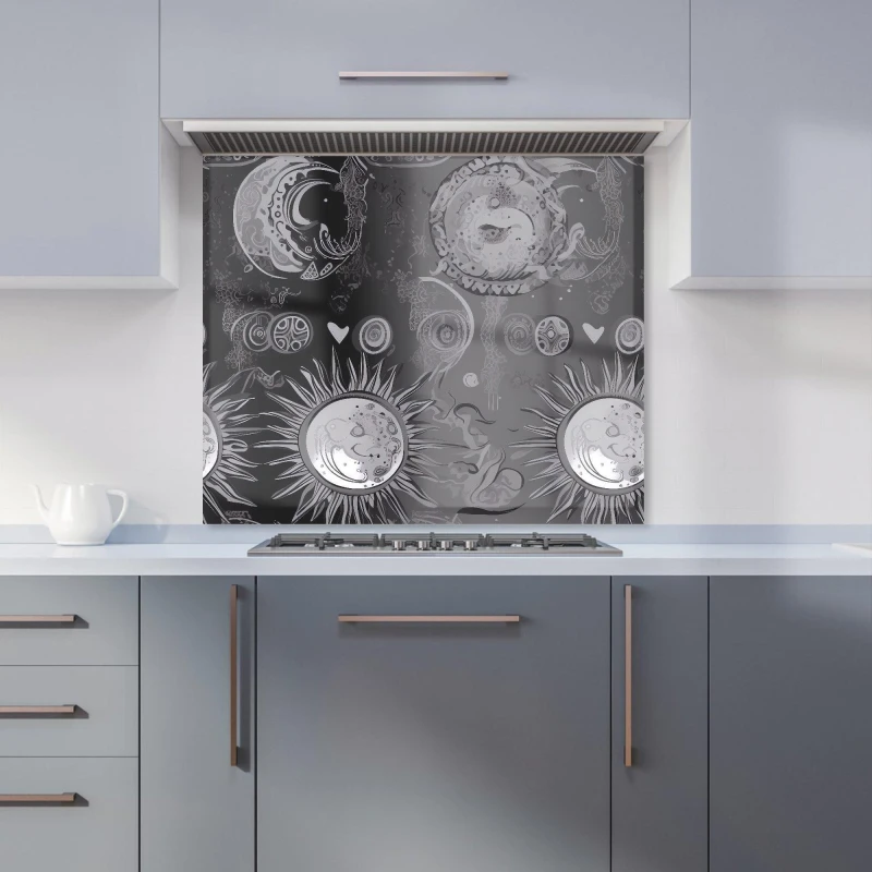 Image of Warren Reed - Designer Black Grey Abstract Sun & Moon Kitchen Splashback Size: 600mm x 750mm Grey Unisex 600mm x 750mm