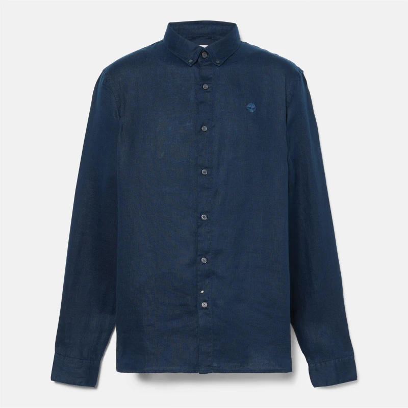 Image of Timberland Mens Mill Brook Linen Leaf Green Long-Sleeve Plain Shirt Dark Sapphire male S