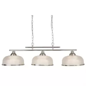 image of Bistro 3 Light Ceiling Pendant Bar Satin Silver, White with Glass Shades, E27