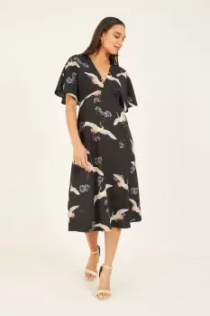 image of Black Crane Print Midi Dress