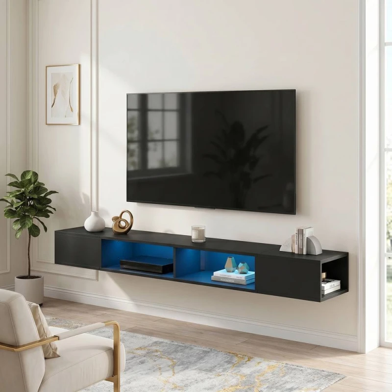 Image of HOMCOM TV Stand with RGB LED Lights for 75-Inch TV in Black Unisex