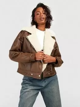 Image of Boohoo Vintage Wash Aviator Jacket - Dark Tan, Brown, Size 16, Women