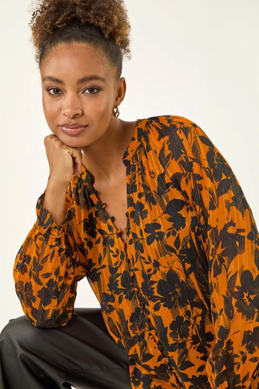 Image of Roman Womens Metallic Floral Buttoned Blouse in Orange Size: 12 Orange Female 12