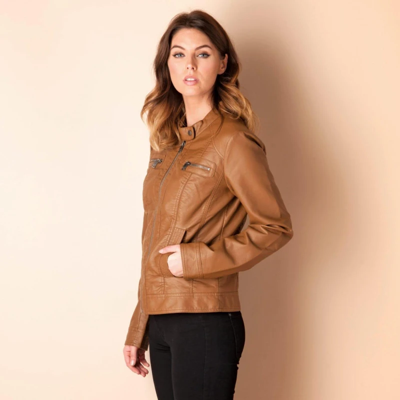 Image of Only Long Sleeve Round Neck Blazer with Front Pockets Brown female