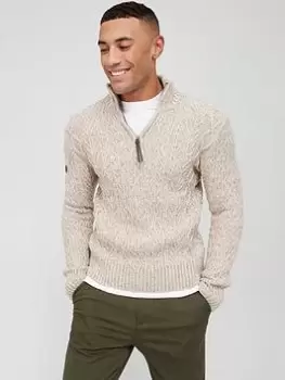 image of Superdry Jacob Henley Cable 1/4 Zip Jumper - Oatmeal , Oatmeal, Size 2XL, Men