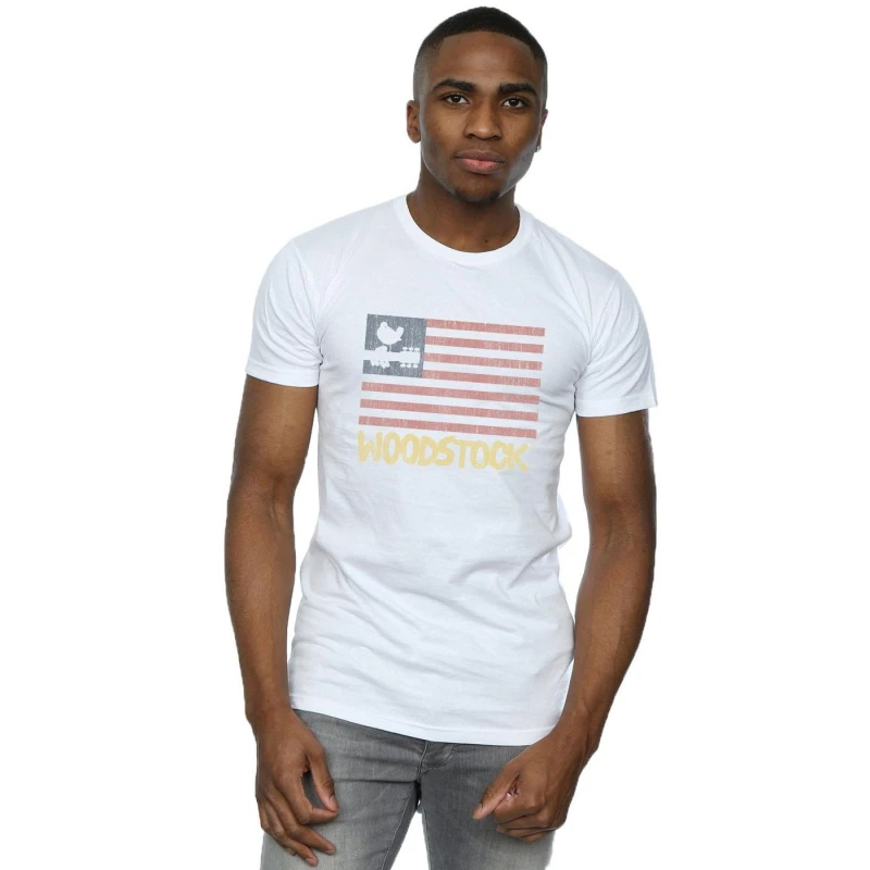 Image of Woodstock Woodstock Men Distressed Flag T-Shirt in White Size: Small White S Male 5057955657945