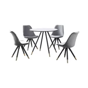 Image of 5 Pieces Life Interiors Sofia Dorchester Dining Set - a White Round Dining Table and Set of 4 Light Grey Dining Chairs - Light Grey