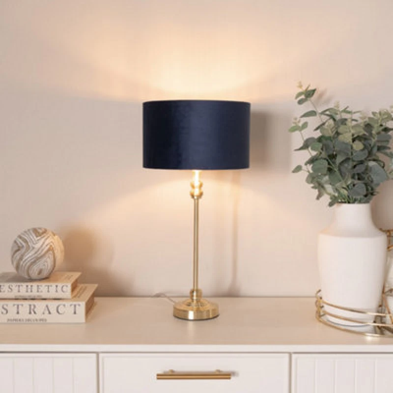 Image of ValueLights ValueLights Maggie Gold Candlestick Table Lamp with Velvet Drum with Gold Inner Lamp Shade in Dark Navy Dark Navy One Size Unisex 50594060