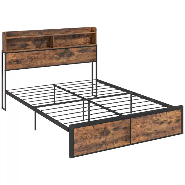 Image of HOMCOM Industrial King Bed Frame, 5.2FT Steel Bed Base w/ Storage Headboard, Footboard, Under Bed Storage, 158 x 222cm, Rustic Brown