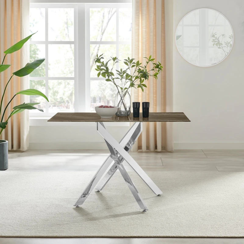Image of FurnitureboxUK FurnitureboxUK Leonardo 4-Seater Dining Table With Marble Effect Glass Top And Silver Metal Legs in Dark Brown Dark Brown One Size Unis