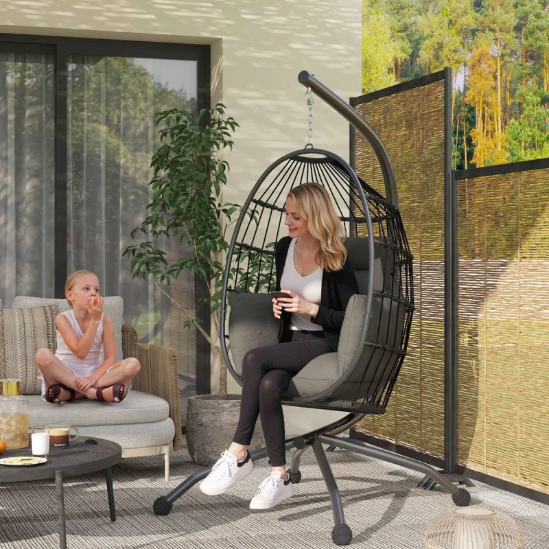 Image of OUTSUNNY Egg Chair Outdoor Indoor Garden Swing Chair, Folding Basket, Grey in Dark Grey Dark Grey Unisex