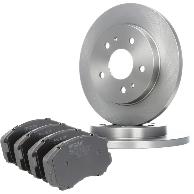 Image of RIDEX 3405B2527 Brake disc and pads set Front Axle, Brake Disc Type: Solid, with acoustic wear warning Brake Set,disc brakes (3405)
