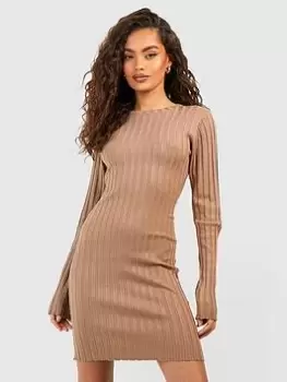 Image of Boohoo Rib Knitted Mini Dress - Taupe, Beige, Size 12, Women