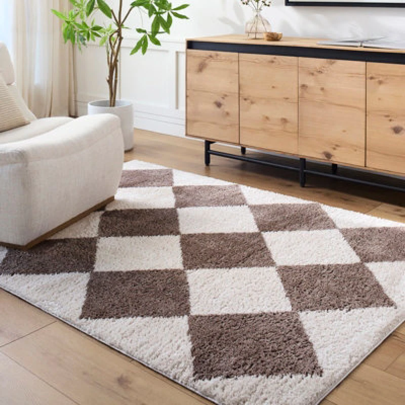 Image of Livabliss Machine Washable Shaggy Diamond Dark Brown Deline Area Rug 160 X 213cm - Easy Care, Non Shedding, Ideal For Living Room & Bedroom