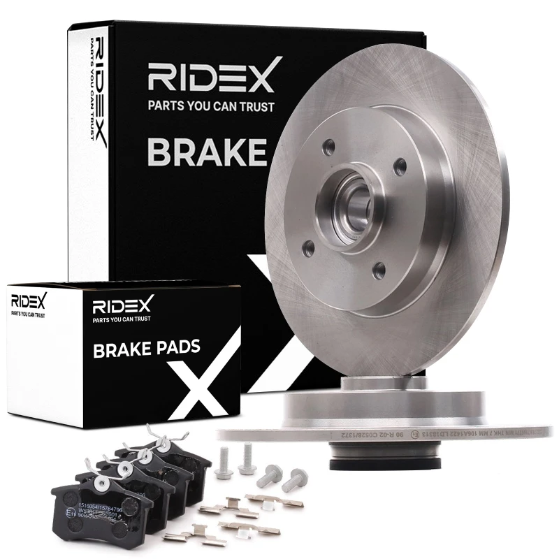 Image of RIDEX 3405B1166 Brake disc and pads set with accessories, Rear Axle, Brake Disc Type: Solid, not prepared for wear warning indicator Brake Set,disc b