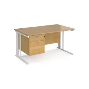 image of Office Desk Rectangular Desk 1400mm With Pedestal Oak Top With White Frame 800mm Depth Maestro 25 MCM14P2WHO