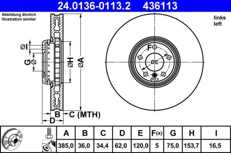 Image of ATE 24.0136-0113.2 Brake disc Vented, Coated, High-carbon, with bolts/screws Brake Disc (82)