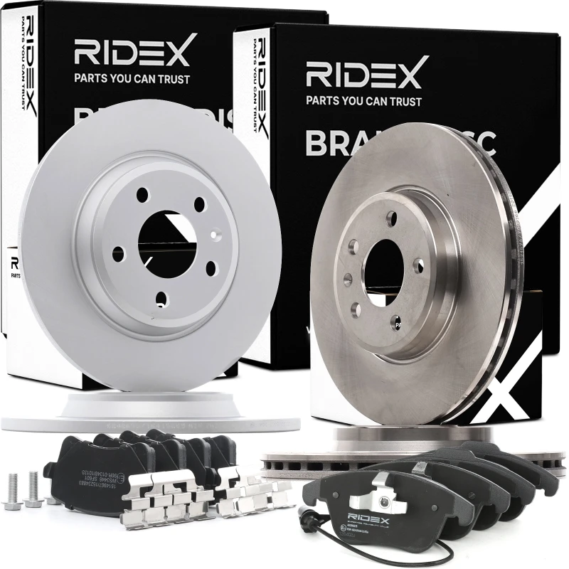 Image of RIDEX 3405B0460 Brake disc and pads set Front Axle, Brake Disc Type: internally vented, incl. wear warning contact, with bolts/screws Brake Set,disc