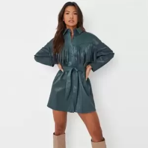 image of Missguided Fringed Shirt Dress Pu Croc - Green