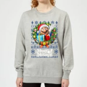 Image of Nintendo Super Mario Happy Holidays Mario Womens Christmas Sweatshirt - Grey - 3XL