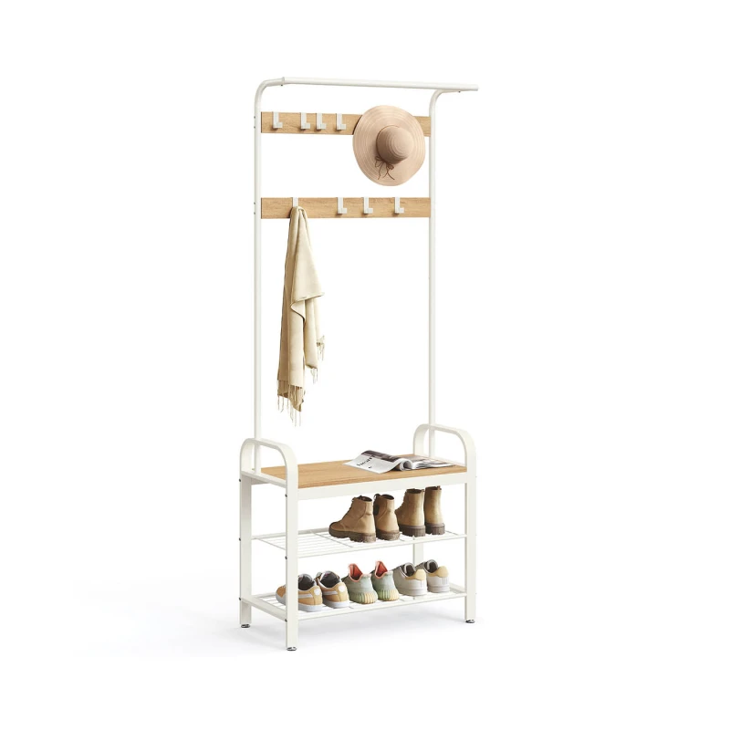 Image of Songmics Vasagle Hallway Coat Rack, Shoe Storage Bench And Adjustable Hooks, 4-In-1 Coat Stand With Clothes Hanging Rail, Oak And Cream