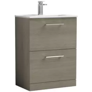 image of Arno Solace Oak 600mm 2 Drawer Vanity Unit with 18mm Profile Basin - ARN2533B - Solace Oak - Nuie