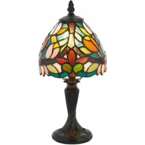 image of Tiffany Glass Table Lamp Light Vintage Dark Bronze & Multi Colour Shade i00230