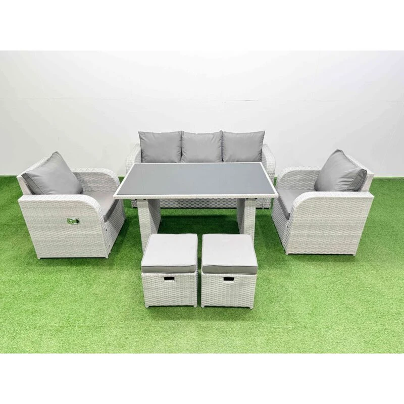 Image of Fimous Outdoor Rattan Garden Furniture Dining Set 7-seater with 2 Small Stool in Light Grey Light Grey Unisex