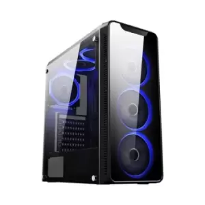 image of CiT Blaze Mid Tower 1 x USB 3.0 / 2 x USB 2.0 Tempered Glass Side & Front Window Panels Black Case with Blue LED Fans