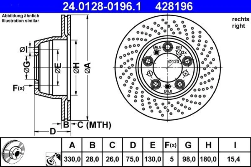 Image of ATE 24.0128-0196.1 Brake disc perforated/vented, Coated, Alloyed/High-carbon Brake Disc (82)