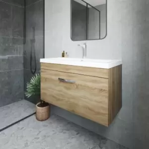 image of Nuie - Athena Wall Hung 1-Drawer Vanity Unit with Basin-3 800mm Wide - Natural Oak