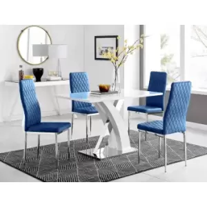 Image of Furniture Box Atlanta 4 White Dining Table and 4 Navy Velvet Milan Chairs