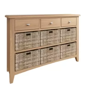 image of Kettle Interiors Oak 9 Drawer Hallway/Bathroom Storage Unit With Wicker Baskets