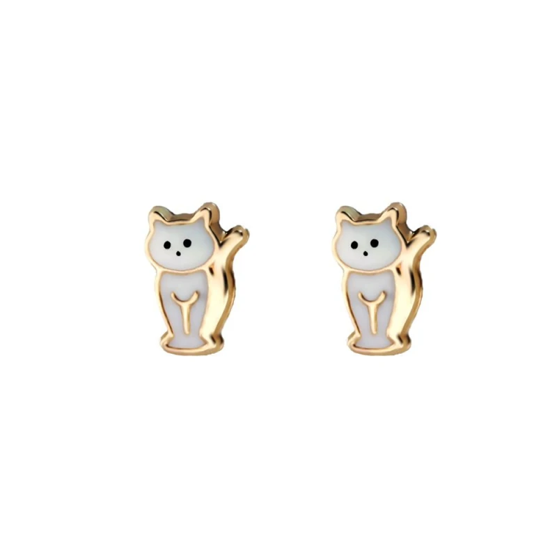 Image of Jewelco London 9ct Gold Enamel Cat Kitten Stud Earrings - JES272 Gold female