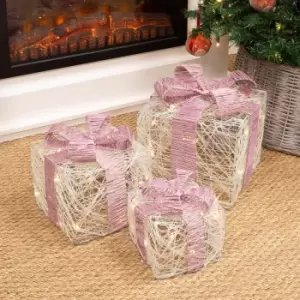 Image of Christmas Workshop Set of 3 LED Light Up Xmas Gift Boxes with Pink Bows - Warm White