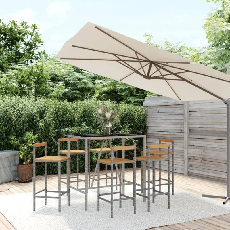 Image of VIDAXL 7 Piece Garden Bar Set Grey Poly Rattan& Solid Wood Acacia Vidaxl 8720845880767