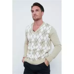 Image of I Saw It First Mens Argyle Check Long Sleeve Knitted Jumper - Beige