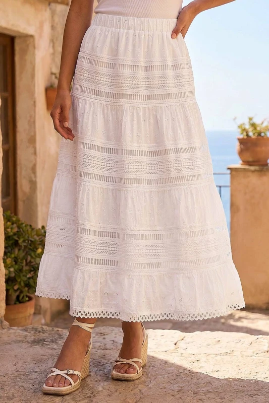 Image of Roman Womens Petite Lace Trim Maxi Skirt in White Size: 18 White Female 18