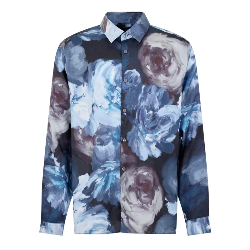 Image of Ted Baker Mens Biton Long-Sleeve Patterned Shirt Teal-Blue male 4XL (9)