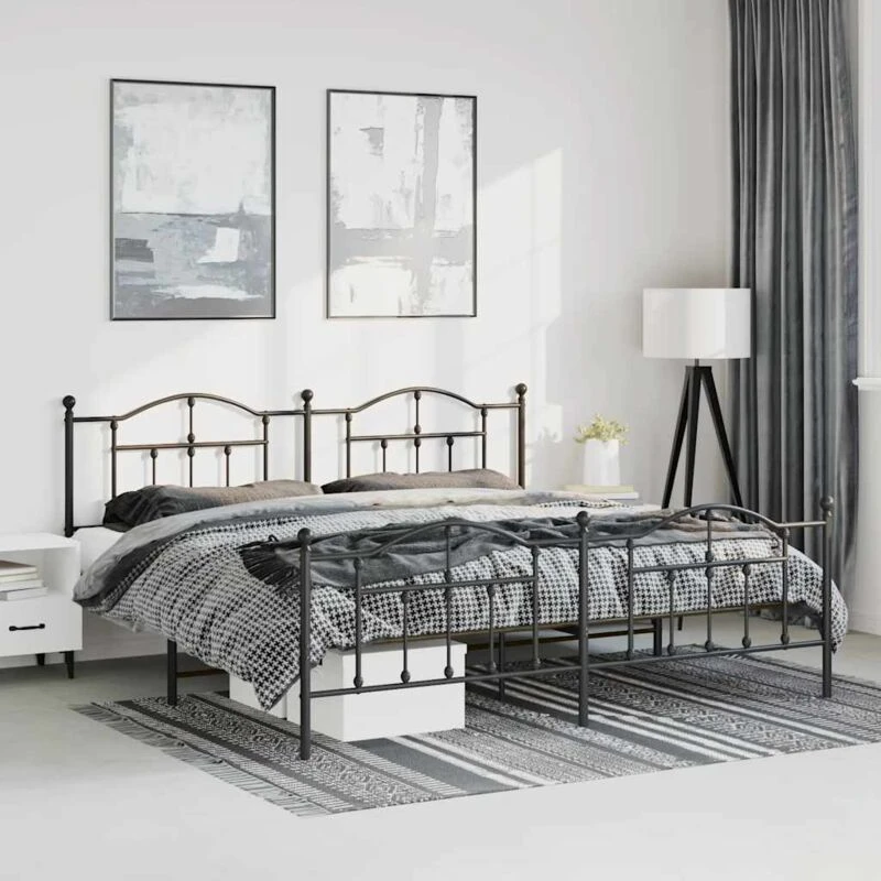 Image of Vidaxl Metal Bed Frame Without Mattress With Footboard Black 193X203 Cm, Black 353463