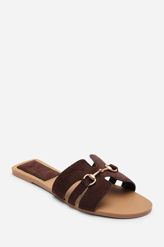 Image of Where's That From Womens Dorina Embellished Wide Fit Suede Slide On Sandals in Dark Brown Size: 4-Wide Fit Dark Brown Female 4-Wide Fit