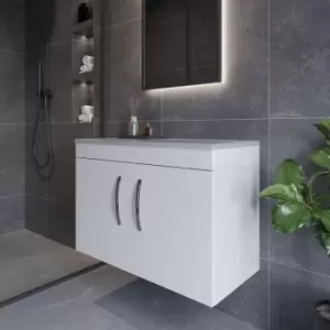 image of Nuie Athena Wall Hung 2-Door Vanity Unit with Grey Worktop 800mm Wide - Gloss White