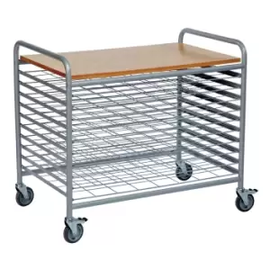 image of 10 Level Art Drying Trolley - 45mm between shelves - Grey powder coated frame with beech laminate top