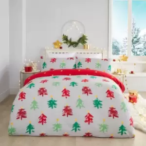 Image of Christmas Festive Trees 100% Brushed Cotton Reversible Duvet Cover Set, Grey, Double - Fusion