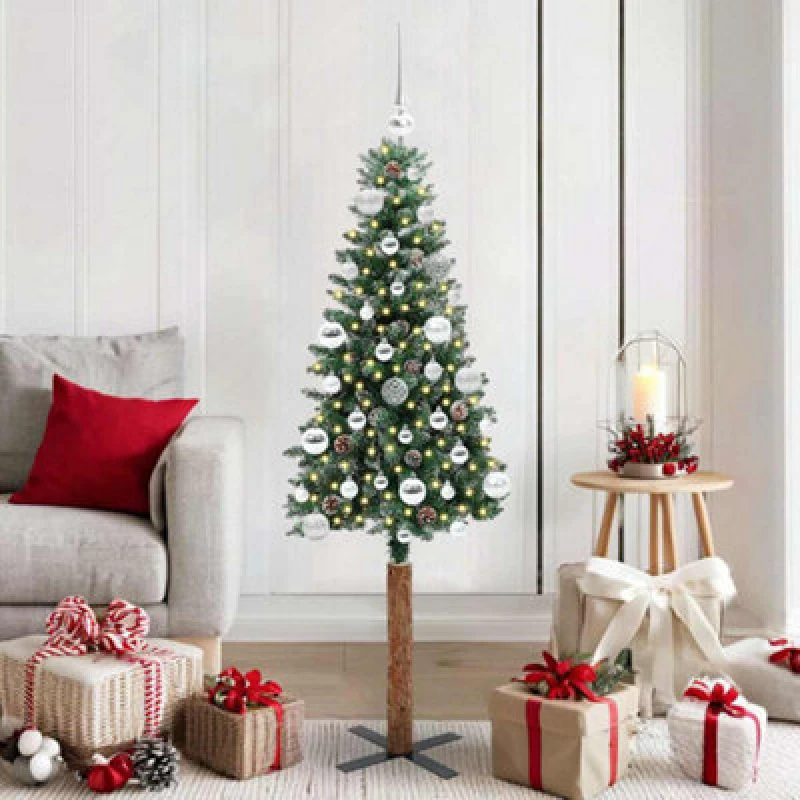 Image of vidaXL Slim Christmas Tree with 150 LEDs, Silver Balls Green and White 150 cm, Green 3394891